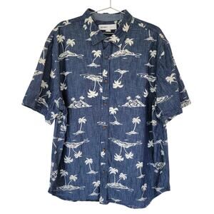 Old Navy Chambray Tropical Palm Tree Shirt Blue White Men Size XXL Slim Fit